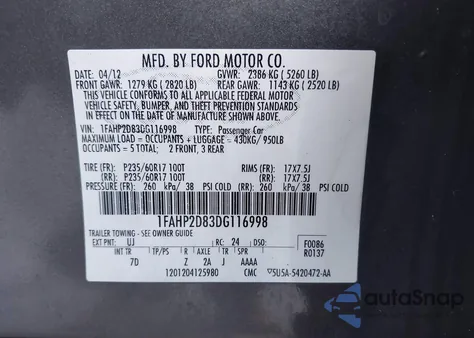 2013 Ford Taurus Se from USA, damaged, VIN 1FAHP2D83DG116998
